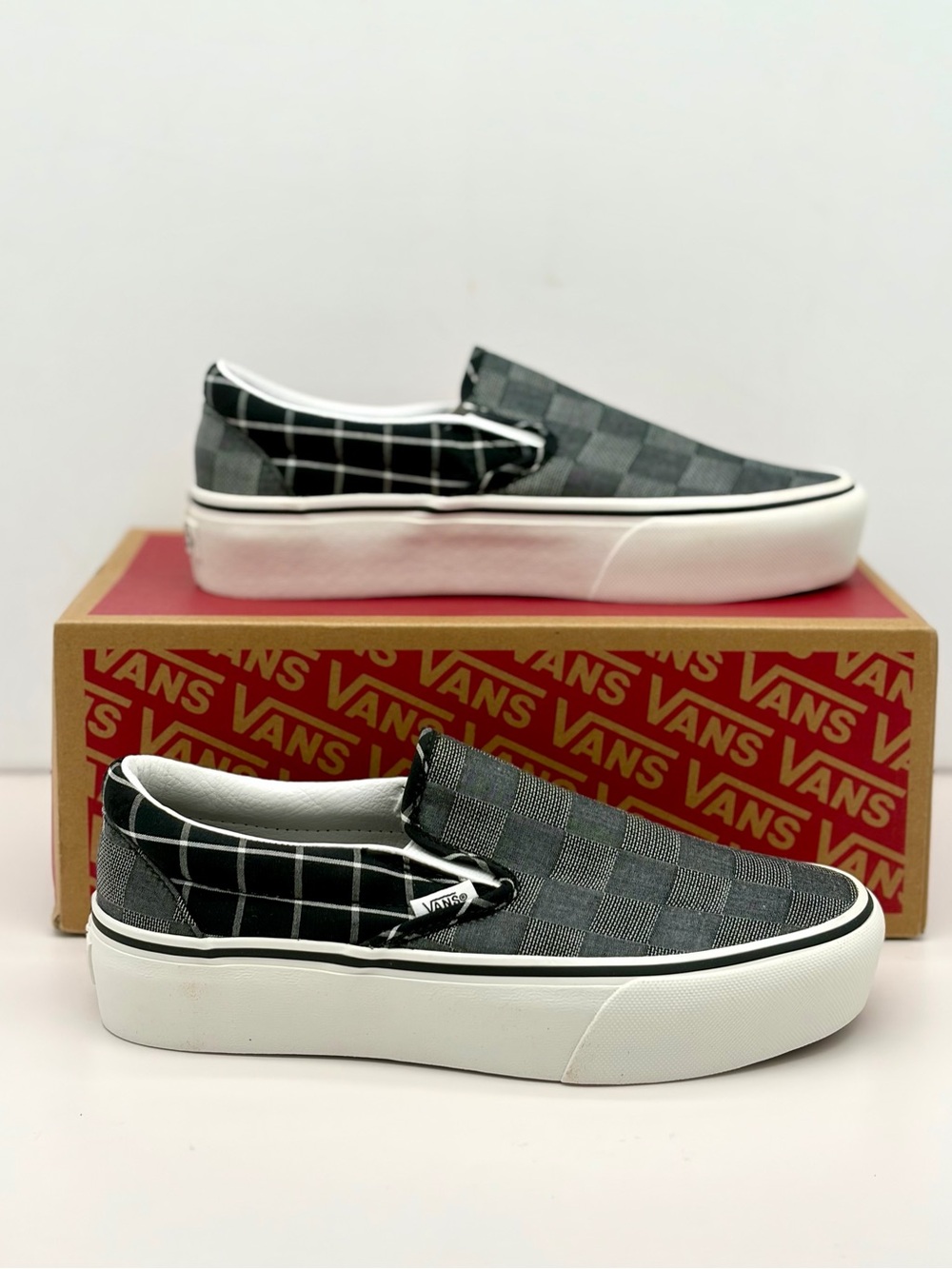 Vans Women’s Slip-On Platform Sneakers in Gray and Black Checkerboard